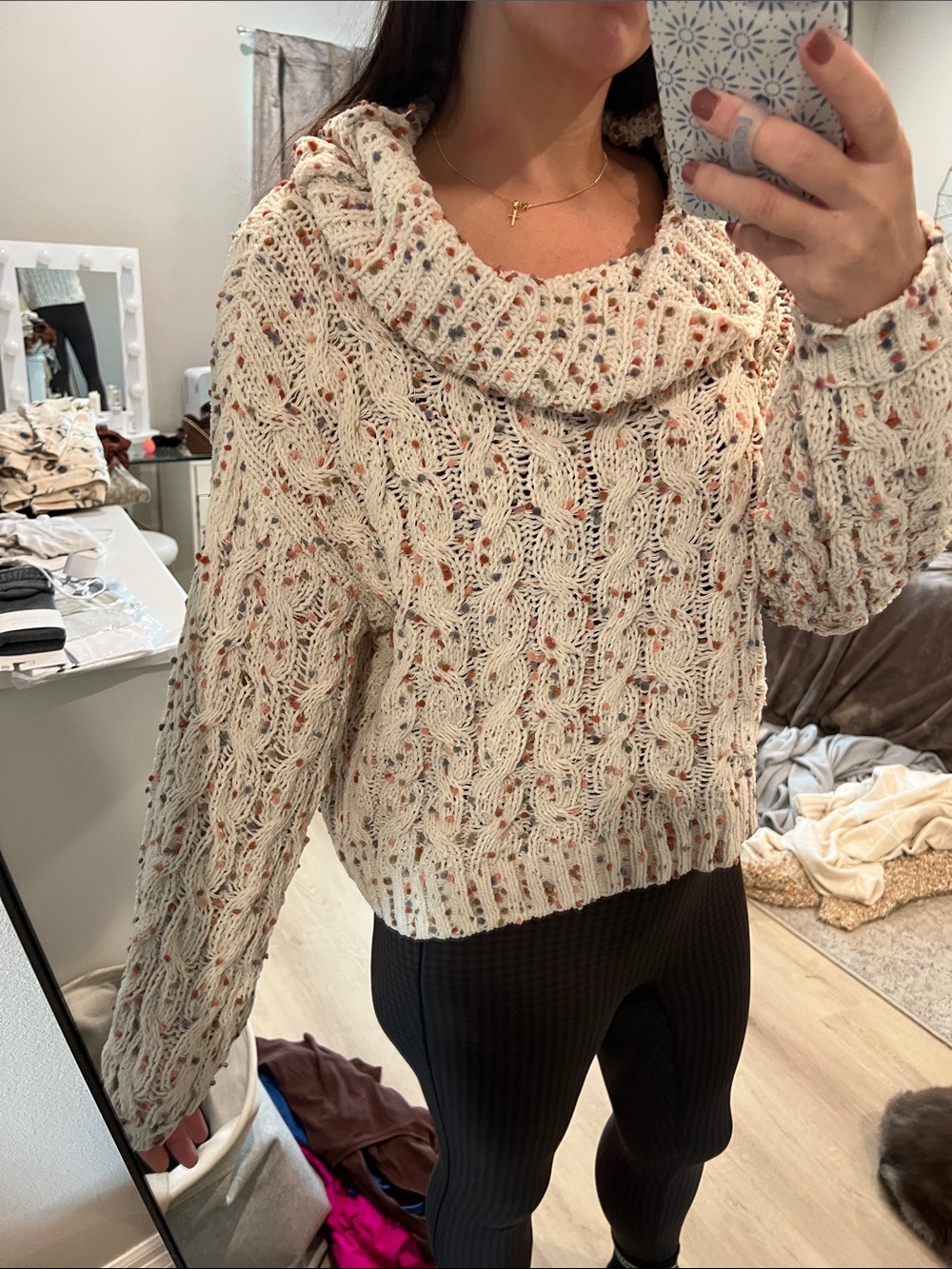 moon & madison Cream Speckled Cable Cowl Sweater